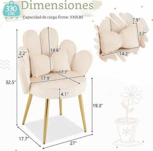 Vista 2 de Vingli Silla de Maquillaje de Pétalos con Respaldo, Silla Linda de Escritorio para Niñas Cómoda Sin Ruedas, Silla Moderna de Comedor, Silla