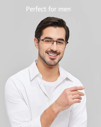Vista 2 de ANRRI Gafas de luz azul para hombre, con marco de metal, rectangular, sin montura y bloqueo UV, para computadora Marrón