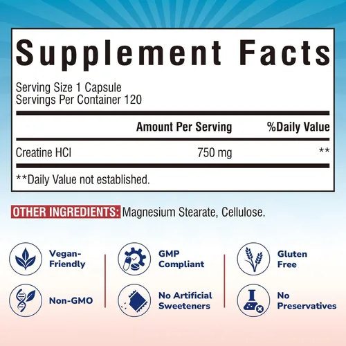 Vista 2 de Vitalibre Cápsula de creatina HCl, 750 mg de clorhidrato de creatina de alta absorción, resistencia, fuerza, absorción rápida, sin carga, sin