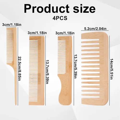 Vista 2 de Juego de 4 peines de madera para el cabello, peine de dientes anchos de madera, hecho a mano, de bambú, antiestático, para cabello rizado, grueso