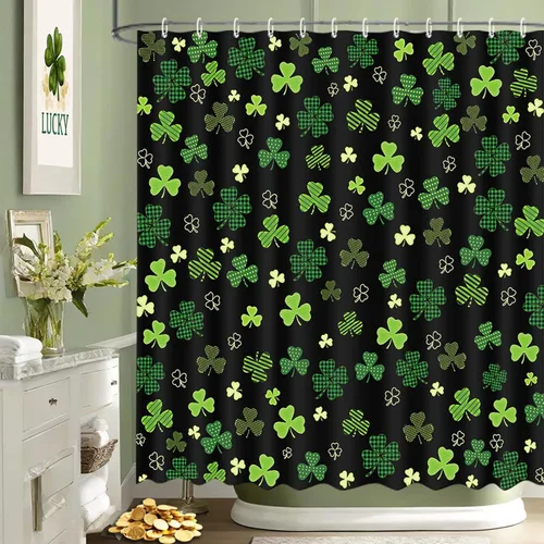 Vista 2 de MEHOFOND Cortina de ducha del día de San Patricio, cortina de baño de trébol irlandés, trébol de la suerte negro y verde, a cuadros, decoración