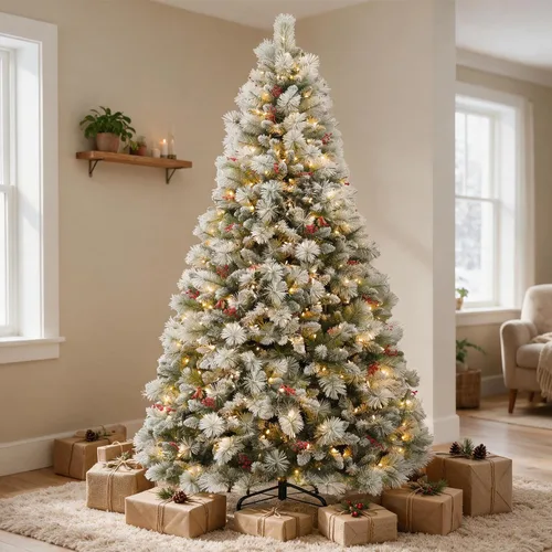 Vista 9 de Árbol de Navidad preiluminado flocado de 7.5 pies con aguja de Pino parcialmente flocado