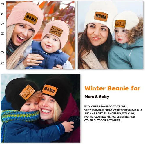 Vista 11 de Gorro para padres e hijos,Madre y bebé hija/hijo gorro de punto cálido de invierno,Gorro suave para niños