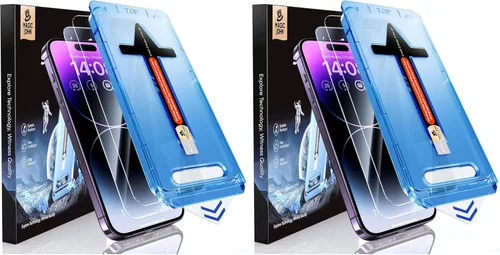 Vista 9 de MAGIC JOHN Paquete de 2 protectores de pantalla de vidrio templado para iPhone 14 Pro Max de 6.7 pulgadas, instalación con eliminación automática