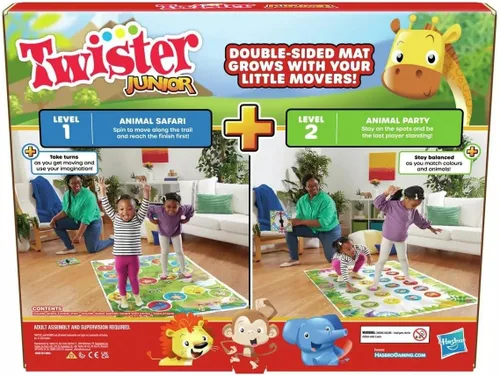 Vista 3 de Hasbro Gaming Twister Junior, juego de fiesta clásico reinventado para niños a partir de 3 años, 2-4 jugadores, 2 en 1, alfombrilla de 2 lados