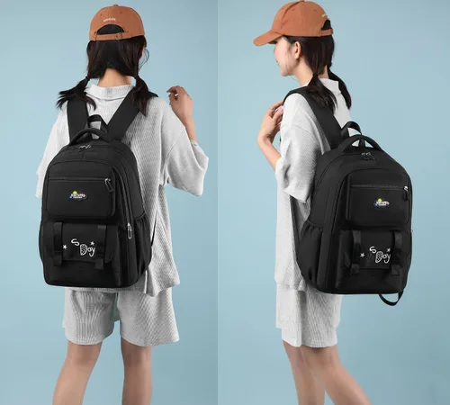 Vista 2 de Mochila para niñas y niños, bonita mochila escolar Kawaii ligera para escuela media y secundaria con bolsillo antirrobo, Negro -, Mochila escolar