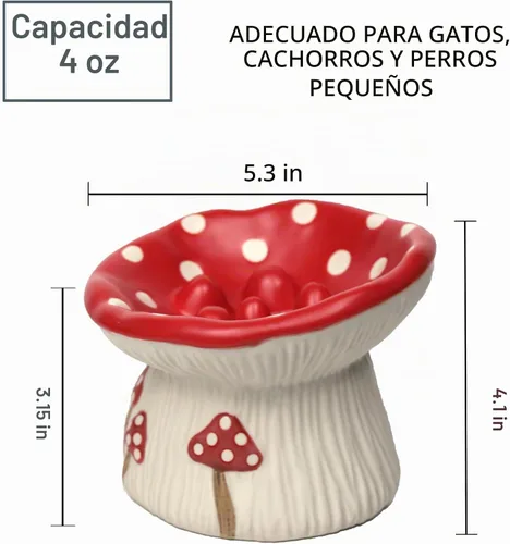 Vista 2 de Alimentador lento de cerámica para gatos, Tazón elevado de comida con forma de hongo lindo, Plato elevado poco profundo para gatos, Cuencos