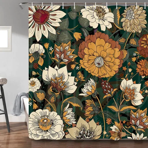 Vista 9 de Torich Cortina de ducha bohemia floral para baño, abstracta de mediados de siglo, decoración bohemia, cortinas de baño, flores botánicas, hojas