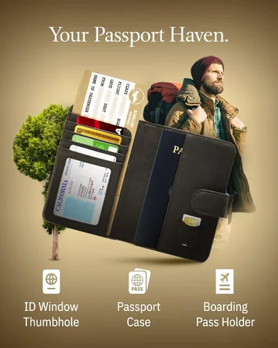Vista 20 de Funda para pasaporte con bloqueo RFID, funda de cuero hecha a mano para pasaporte, organizador de documentos de viaje para hombres y mujeres, Azul