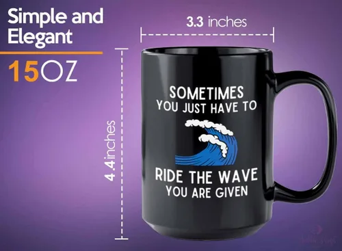 Vista 5 de Taza de café de surf de 15 onzas, color negro, paseo la ola, regalos para entusiastas del surf, deportes acuáticos, tabla de surf, atletismo