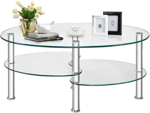 Vista 9 de FANTASK Mesa de centro de vidrio templado, mesa de té ovalada de acero de 3 niveles con amplio escritorio de vidrio, estante de almacenamiento
