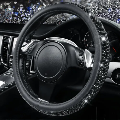 Vista 28 de CAR PASS Funda para volante de cuero beige con diamantes brillantes, cristales blancos brillantes con purpurina y pedrería, ajuste universal de 14
