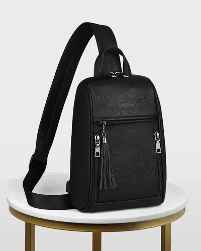 Vista 8 de FADEON Bolso bandolera grande para mujer, mochila cruzada de piel sintética, bolso de viaje a la moda para el pecho, bolso negro, Bolso bandolera