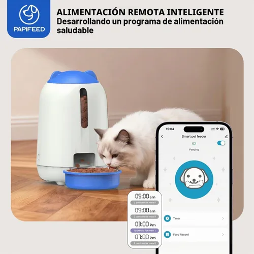 Vista 3 de PAPIFEED Comedero Automático para Gatos, Dispensador de Comida para Gatos WiFi de 2.4G con Control de Aplicación, Comedero Automático para Mascotas