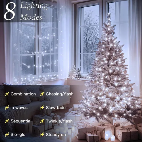 Vista 3 de Luces de Árbol de Navidad LED de 66 pies con 200 LED, Luces Navideñas Exteriores Blanco Frío Brillante para Casa, Luces de Hadas con 8 Modos
