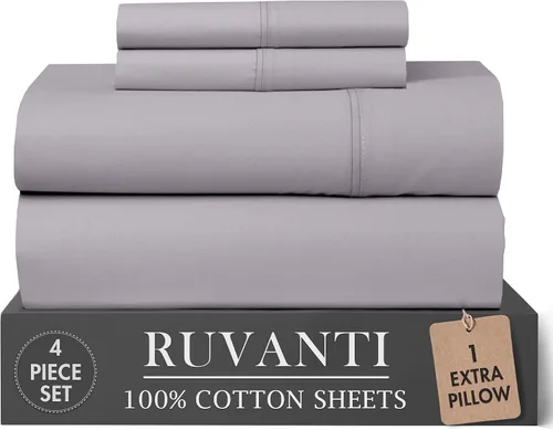 Vista 34 de RUVANTI Juego de sábanas de 4 piezas de algodón 100% natural de percal suave, ligero y transpirable, con bolsillos profundos de 16 pulgadas