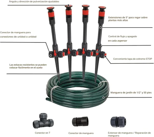 Vista 3 de Eden 98063 Sistema de riego de jardín con diseño flexible multiajustable sobre el suelo, rociador y manguera, juego de riego de plantas de bricolaje