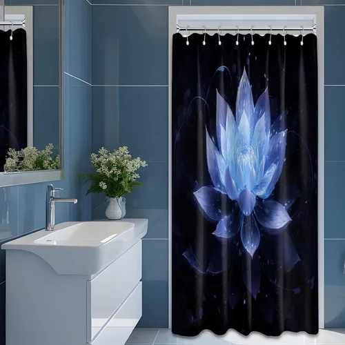 Vista 48 de Cortina de ducha con flores de loto negro y azul para decoración de baño, juego de cortinas decorativas de baño con estampado floral, tela