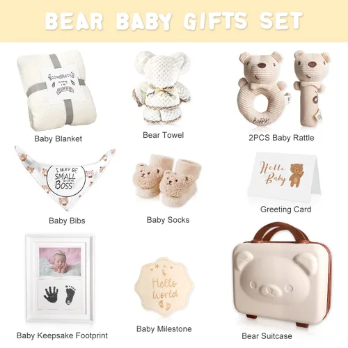 Vista 2 de iAOVUEBY Juego de regalo para bebé, regalos de baby shower para niñas y niños, cesta de regalo de oso para bebé, incluye manta de sonajero