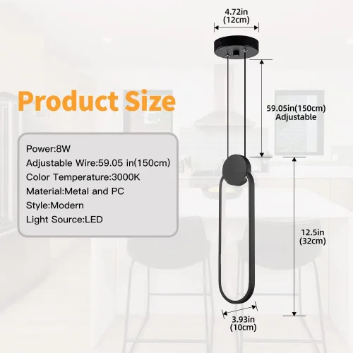 Vista 2 de Lámparas colgantes LED negras modernas, paquete de 2 unidades, diseño minimalista, iluminación colgante ovalada para isla de cocina, luz colgante