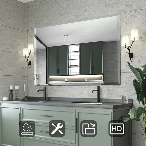 Vista 2 de Mirrorons Espejo biselado, espejos de baño para pared de 40 x 32 pulgadas, espejo de baño rectangular sin marco con borde biselado, se cuelga