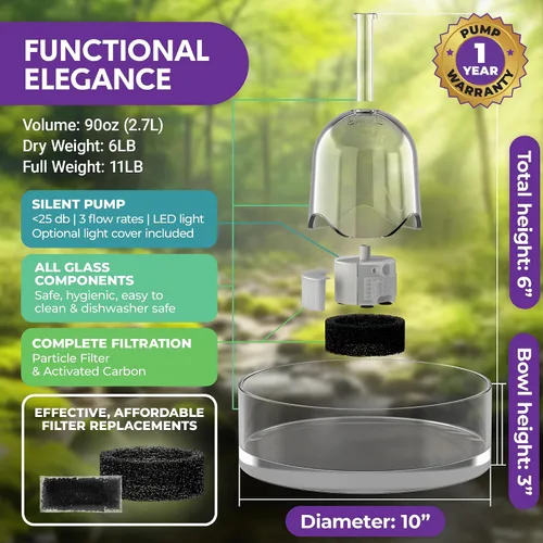 Vista 5 de Brook Fuente de vidrio para mascotas (90 oz/2.7 L) - Fuente de agua para gatos y perros - Fuente de vidrio para gatos y dispensador de agua