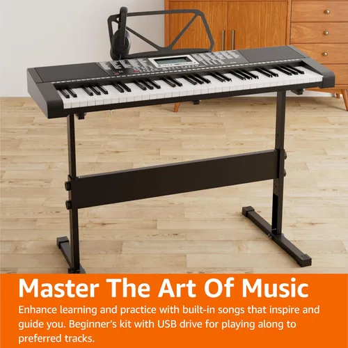 Vista 8 de Amazon Basics Piano de teclado eléctrico con 61 teclas, altavoces integrados, canciones para aprender, color negro