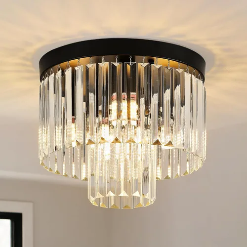 Vista 10 de Lámpara de techo de cristal K9 dorada de 17.3 pulgadas, lámpara de techo moderna, lámpara redonda de lujo para comedor, dormitorio, pasillo, isla