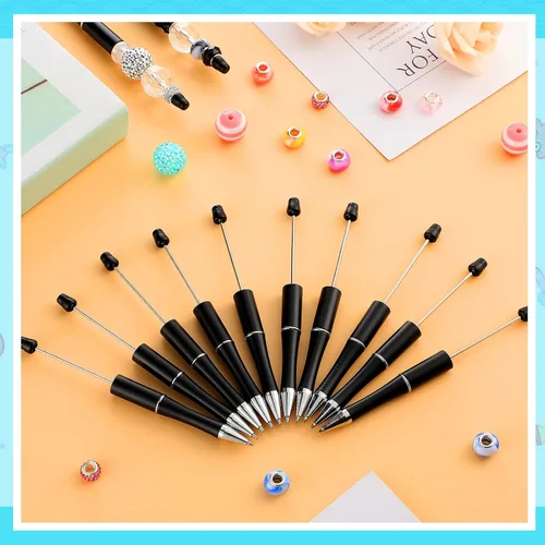 Vista 2 de Outus 20 bolígrafos con cuentas, bolígrafos de cuentas de plástico de colores a granel, bolígrafo de cuentas de tinta negra, lindo bolígrafo de Negro