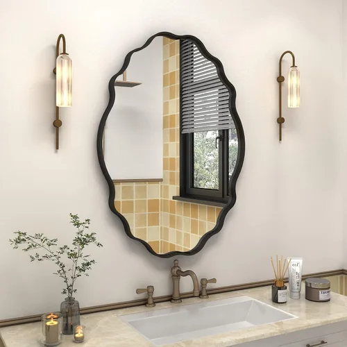 Vista 90 de Paquete de 2 espejos de baño con marco de metal negro de 22 x 30 pulgadas, espejo rectangular redondeado negro mate, antioxidante, se cuelga
