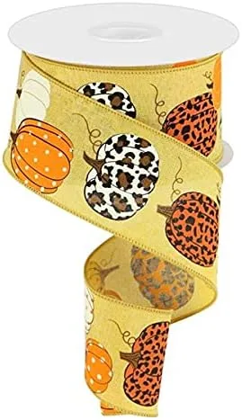 Vista 3 de Cinta con borde con alambre de calabazas sobre lienzo con estampado de leopardo, 10 yardas (crema, turquesa, 2.5 pulgadas)