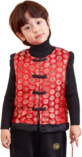 Vista 2 de Mud Kingdom Chaleco unisex para niños, con forro polar, para Año Nuevo, chino, con botones, vintage