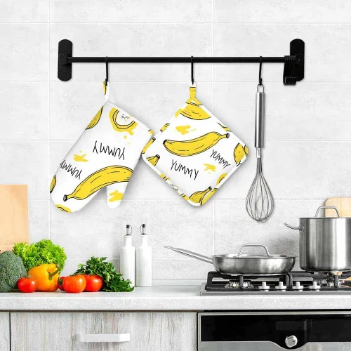Vista 4 de Mxocom Juego de manoplas de horno y soportes para ollas de plátano con rodajas, de silicona, resistentes al calor, para horno de cocina, soporte