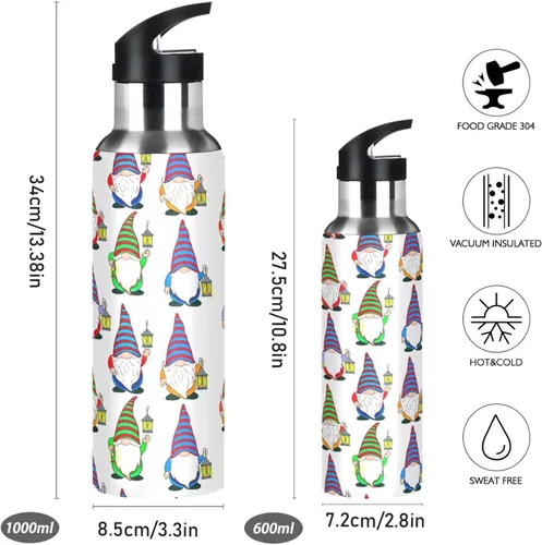 Vista 2 de Insulated Stainless Steel Water Bottle with Straw 20 Oz, Leakproof Water Bottles for Gym Outdoor Travel School, Cute Gnomes