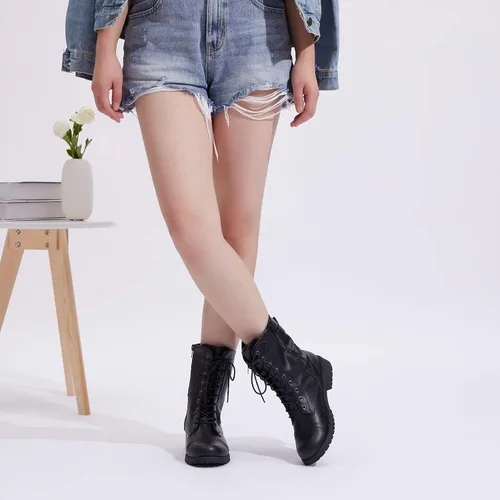 Vista 6 de Vepose Botas de combate militares de 28 a media pantorrilla para mujer con bolsillo tipo billetera para cuchillo de tarjetas