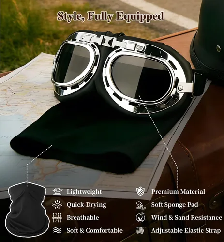 Vista 4 de Casco de motocicleta de estilo alemán aprobado por DOT con gafas y máscara, medio casco retro con hebilla de liberación rápida para motocicleta