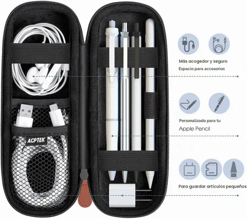 Vista 4 de AGPTEK Soporte para Apple Pencil, bolsa de transporte de cuero duro de PU delgada for Apple Pen Accessories, MP3 Players, USB Cable, Earphone