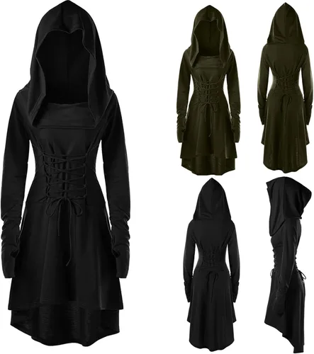 Vista 7 de Capa con capucha para mujer, estilo steampunk, gótico, con capucha, vestido de manga larga, vestido medieval vintage para Halloween