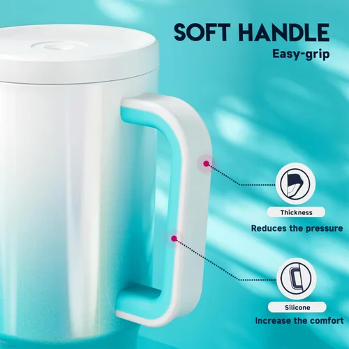 Vista 7 de Meoky - Vaso de 30 oz con asa, tapa y pajilla, taza de viaje térmica de acero inoxidable 100% a prueba de fugas, para portavasos, mantiene el frío