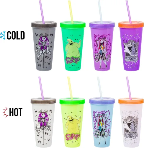 Vista 2 de Silver Buffalo Disney Nightmare Before Christmas Character Grid - Paquete de 4 vasos de plástico que cambian de color, 24 onzas
