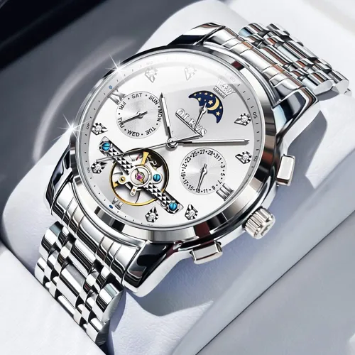 Vista 2 de OLEVS Relojes automáticos para hombre, esqueleto Tourbillon, reloj de pulsera de lujo con diamantes de cuerda automática, acero inoxidable