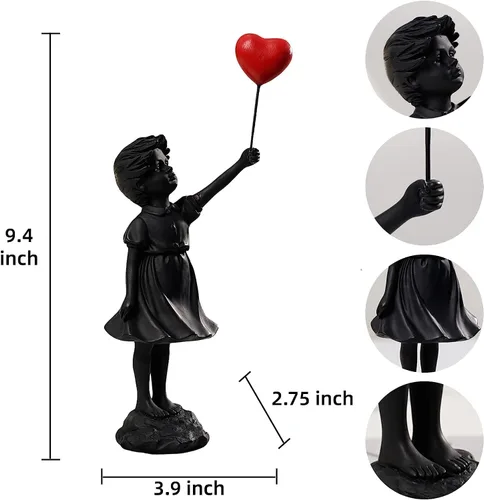 Vista 6 de Estatua de niña de globo volador, figura de resina, escultura artesanal, esculturas de arte moderno para decoración del hogar, tema anti-guerra