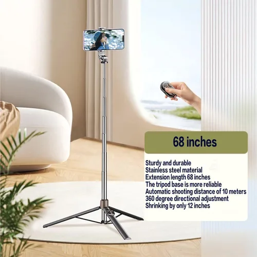 Vista 2 de Trípode de teléfono de 67 pulgadas y trípode de viaje para selfies de iPhone, con soporte para teléfono, rotación de 360°, palo selfie extensible