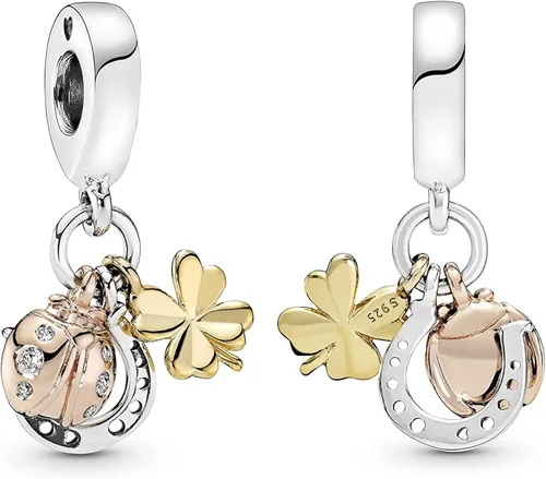 Vista 2 de EZ Tuxedo Dijes colgantes de mariquita de trébol de herradura de plata de ley 925 para pulseras, Metal Plata, Circonita Cúbica