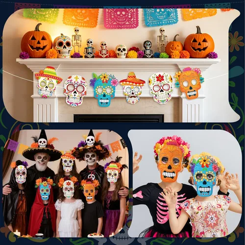 Vista 7 de Dia De Los Muertos Crafts Paper Day of the Dead Masks, 6 PCS
