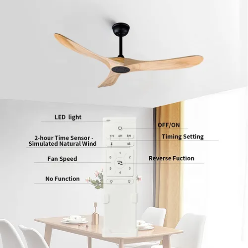 Vista 4 de Ventilador de techo de madera para interiores y exteriores de 52 pulgadas, ventilador de techo CC de 3 aspas con control remoto, 2 varillas Madera