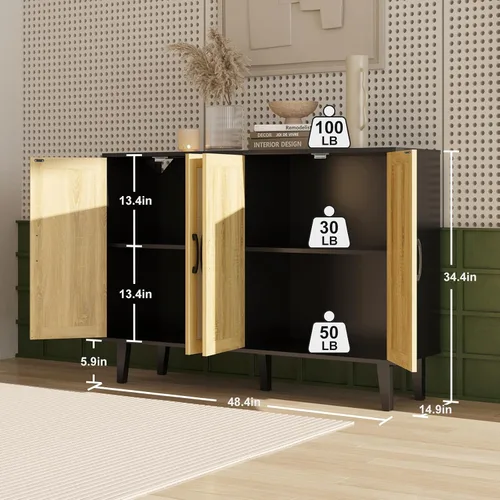 Vista 3 de Armario de almacenamiento con ribete de ratán, aparador de 4 puertas con almacenamiento, armario decorativo con estantes para baño, cafetería, Negro
