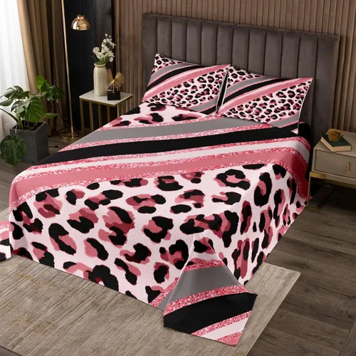 Vista 20 de Juego de colcha con lazo para niños, tamaño individual, diseño de cebra y leopardo con purpurina, decoración de habitación para niñas y mujeres