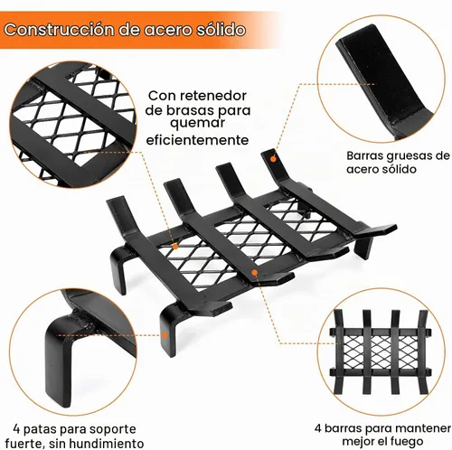 Vista 7 de WILLOW WEAVE Rejilla de chimenea de 13 pulgadas con retenedor de brasas, estante de rejilla de estufa de leña, soporte de leña de acero sólido
