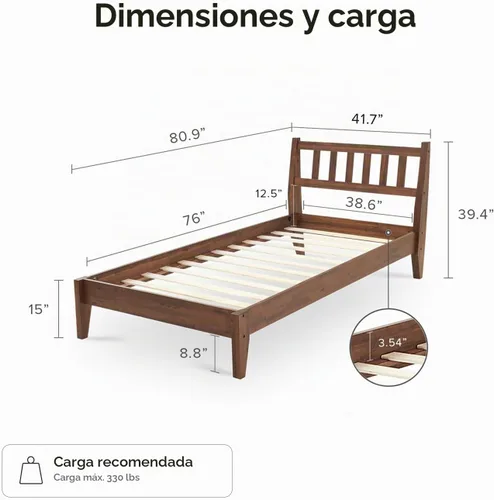 Vista 2 de mopio Ted - Marco de cama con cabecero, marco de cama de plataforma de madera maciza de acacia moderna de mediados de siglo, listones de madera, sin
